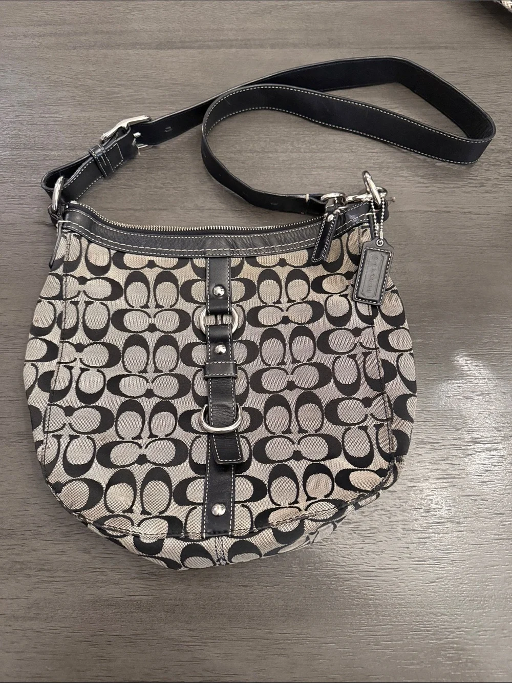 Coach Signature Jacquard Monogram Leather Trim Shoulder Bag Black Gray Medium